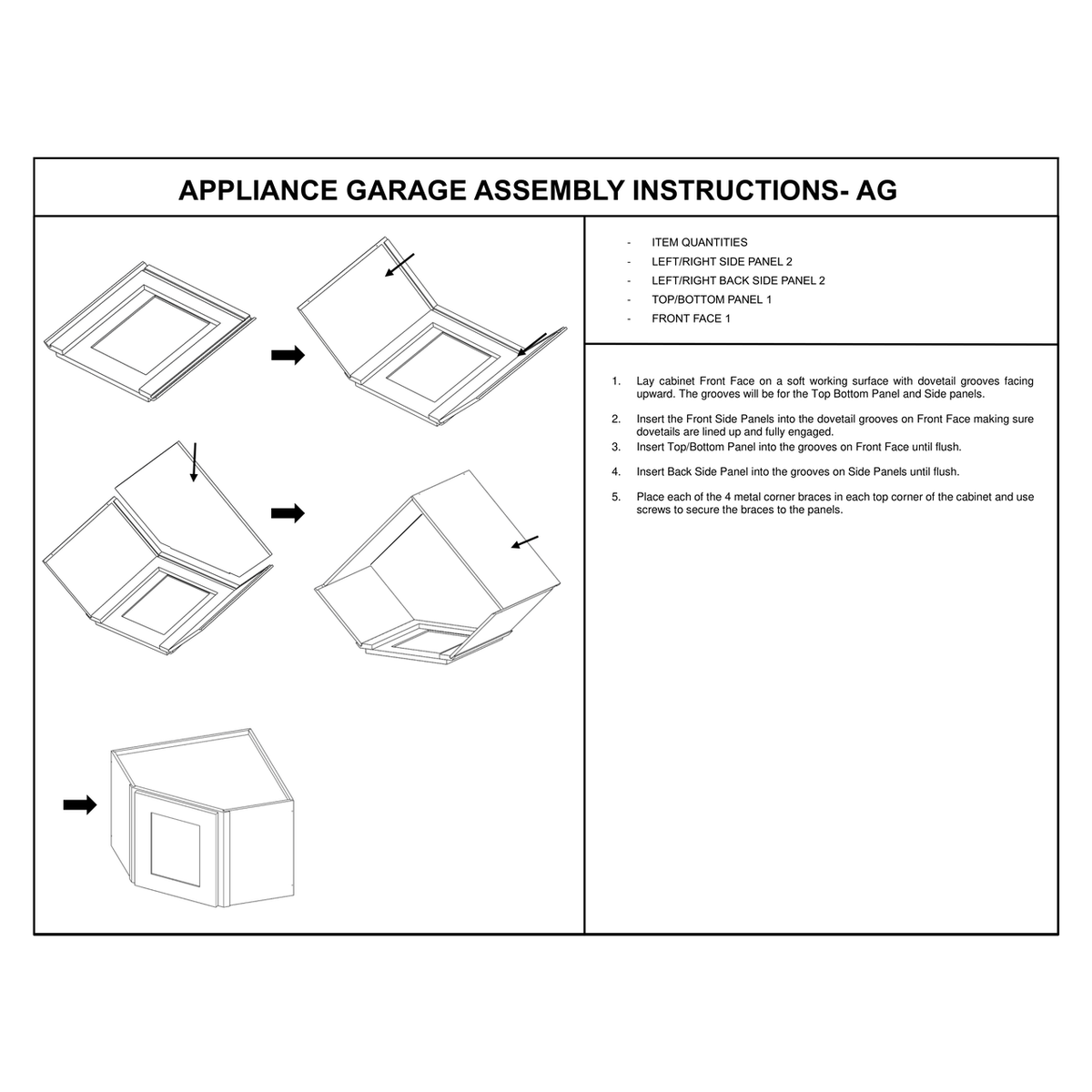 AG2418 Appliance Garage assembly instructions diagram – how to assemble the Faircrest White Shaker diagonal corner countertop cabinet: front face, side and back panels slide together on dovetail grooves, secured with four metal corner braces.