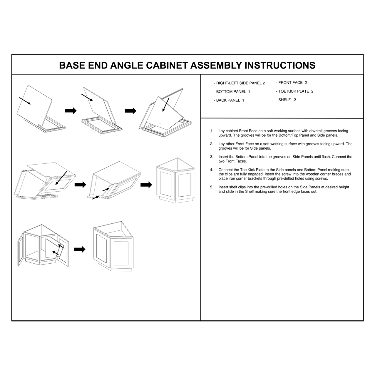 BA24 Angled End Base Cabinet assembly instructions diagram – how to assemble the Faircrest White Shaker diagonal angled end base cabinet: two front faces meet at the corner angle, side and bottom panels slide together on dovetail grooves, secured with toe-kick plates, wooden corner braces and iron corner brackets, plus two adjustable shelves.