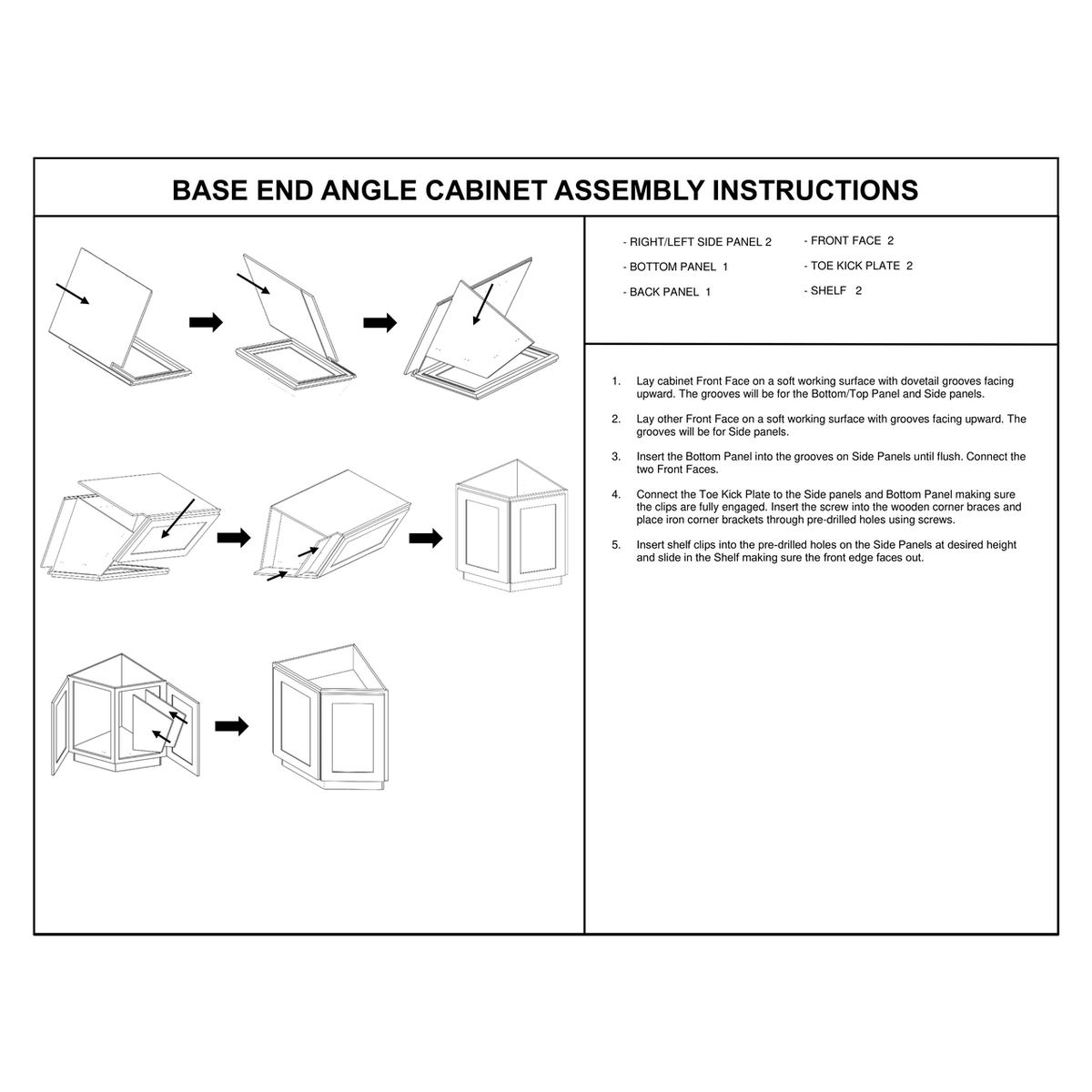 BA24 Angled End Base Cabinet assembly instructions diagram – how to assemble the Faircrest White Shaker diagonal angled end base cabinet: two front faces meet at the corner angle, side and bottom panels slide together on dovetail grooves, secured with toe-kick plates, wooden corner braces and iron corner brackets, plus two adjustable shelves.
