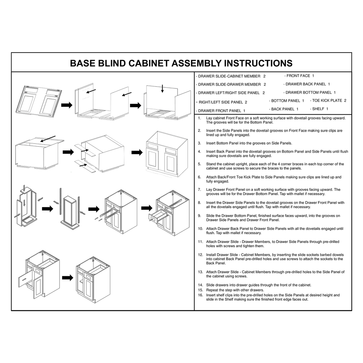 BBC36 Base Blind Corner Cabinet assembly instructions diagram – how to assemble the Faircrest White Shaker 36-inch blind corner base cabinet: front face, side, bottom and back panels slide together on dovetail grooves and lock with metal corner braces, plus dovetail drawer box, drawer slides, toe-kick plates and adjustable shelf.