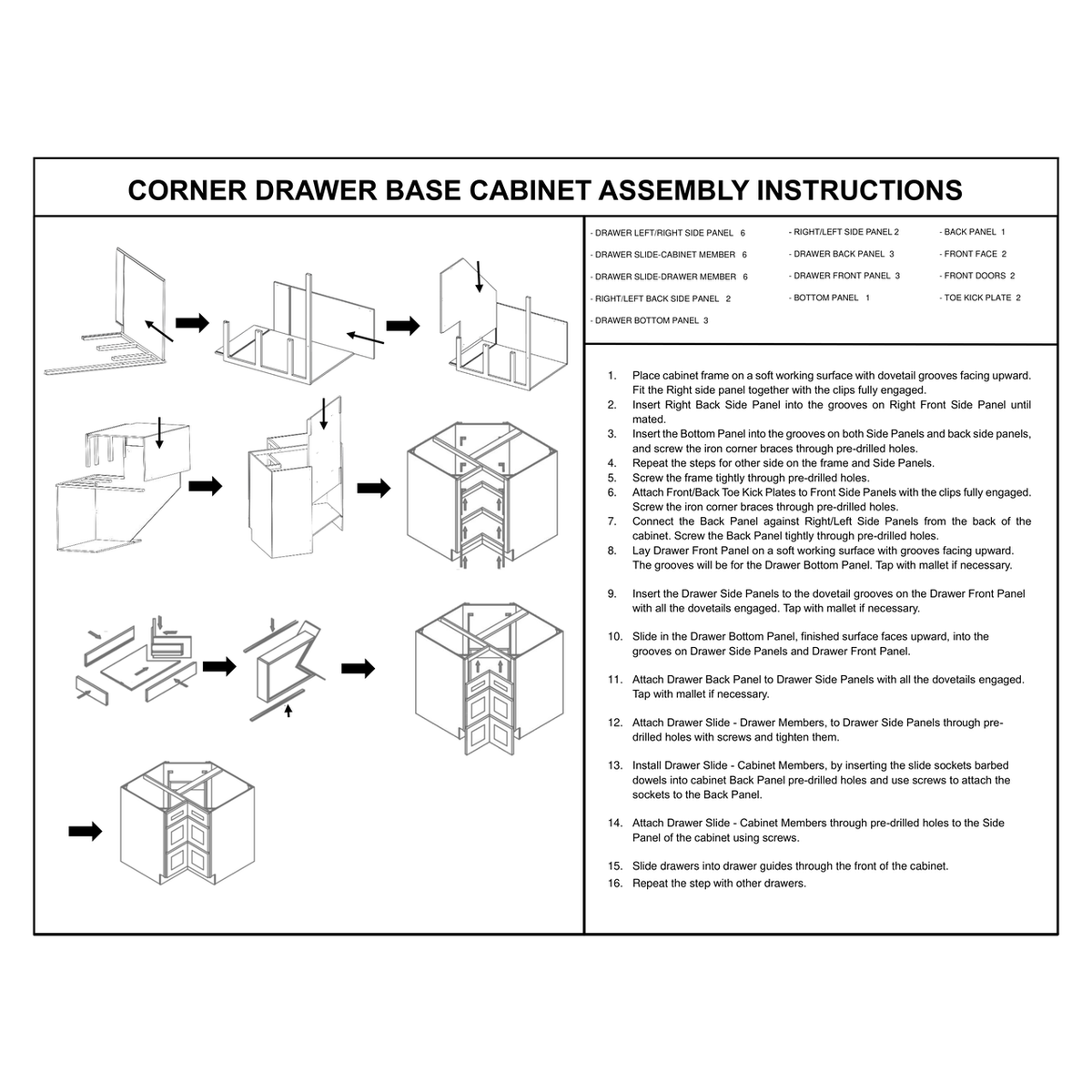 CDB36 Corner Drawer Base Cabinet assembly instructions diagram – how to assemble the Faircrest White Shaker 36-inch corner drawer base cabinet: side and back panels slide together on grooves and lock with metal corner braces, then three drawers build up and mount on soft-close slides, over a two-piece toe kick.