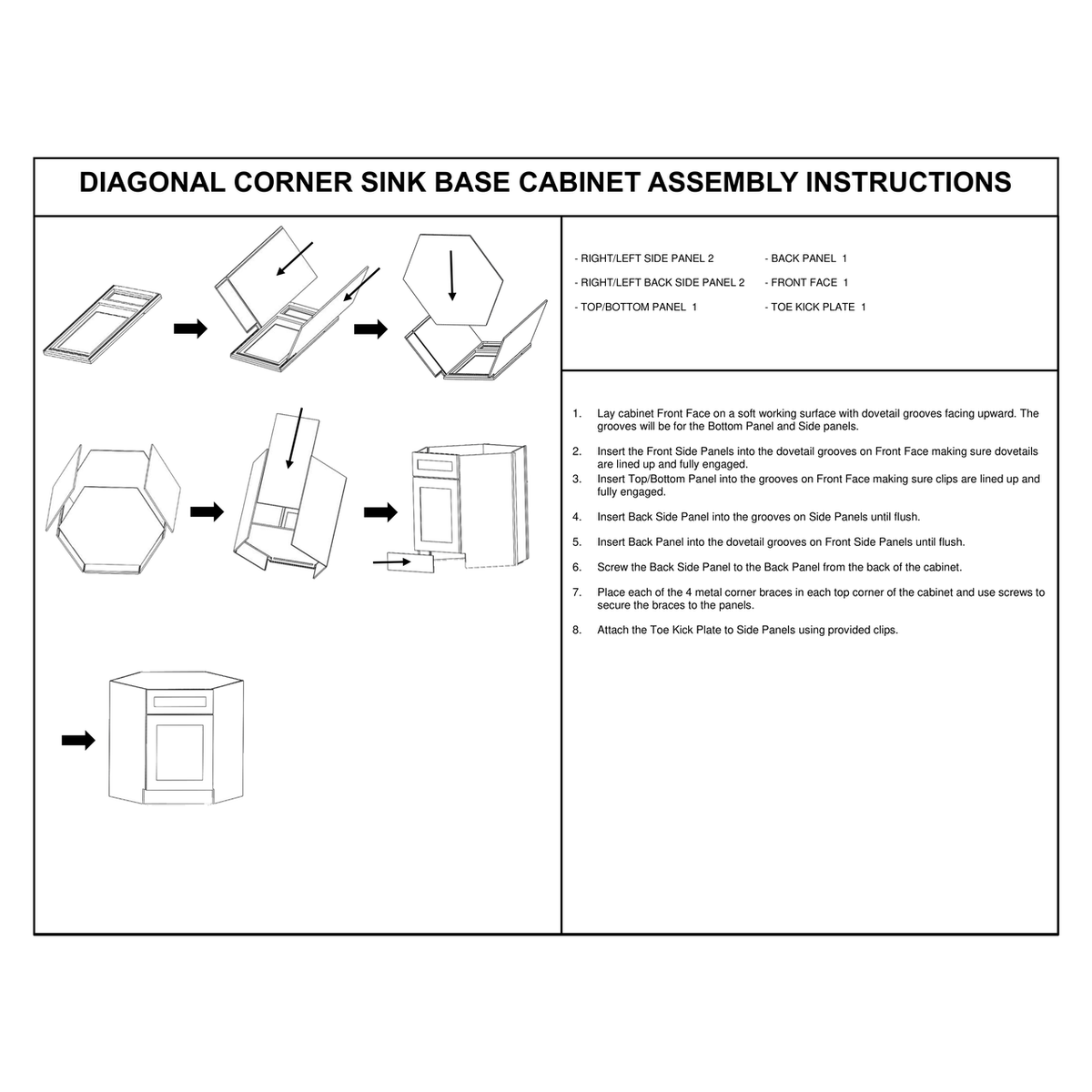 DCSB36 Diagonal Corner Sink Base Cabinet assembly instructions diagram – how to assemble the Faircrest White Shaker 36-inch diagonal corner sink base cabinet: front face, side, top/bottom and back panels slide together on dovetail grooves, locked square with four metal corner braces, finished with a clip-on toe-kick plate; door and false drawer front on the angled corner face, interior open for the sink.