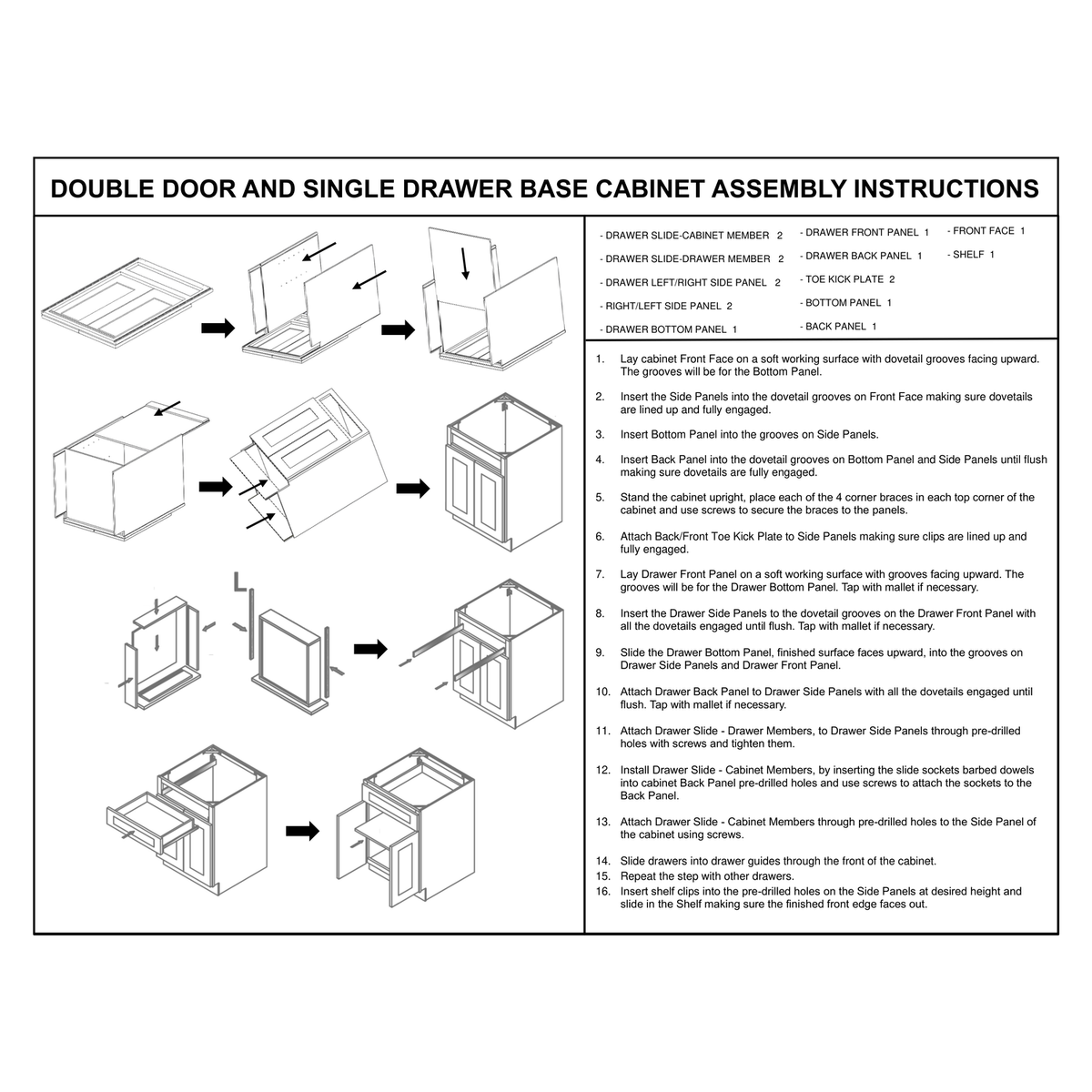 B24 and B27 Double Door and Single Drawer Base Cabinet assembly instructions diagram – how to assemble the Faircrest 24-inch and 27-inch wide RTA base cabinets: front face, side, bottom and back panels slide together on dovetail grooves and lock square with metal corner braces, toe-kick plates clip on, then the dovetail drawer builds up on soft-close slides and the adjustable shelf sits on shelf clips.