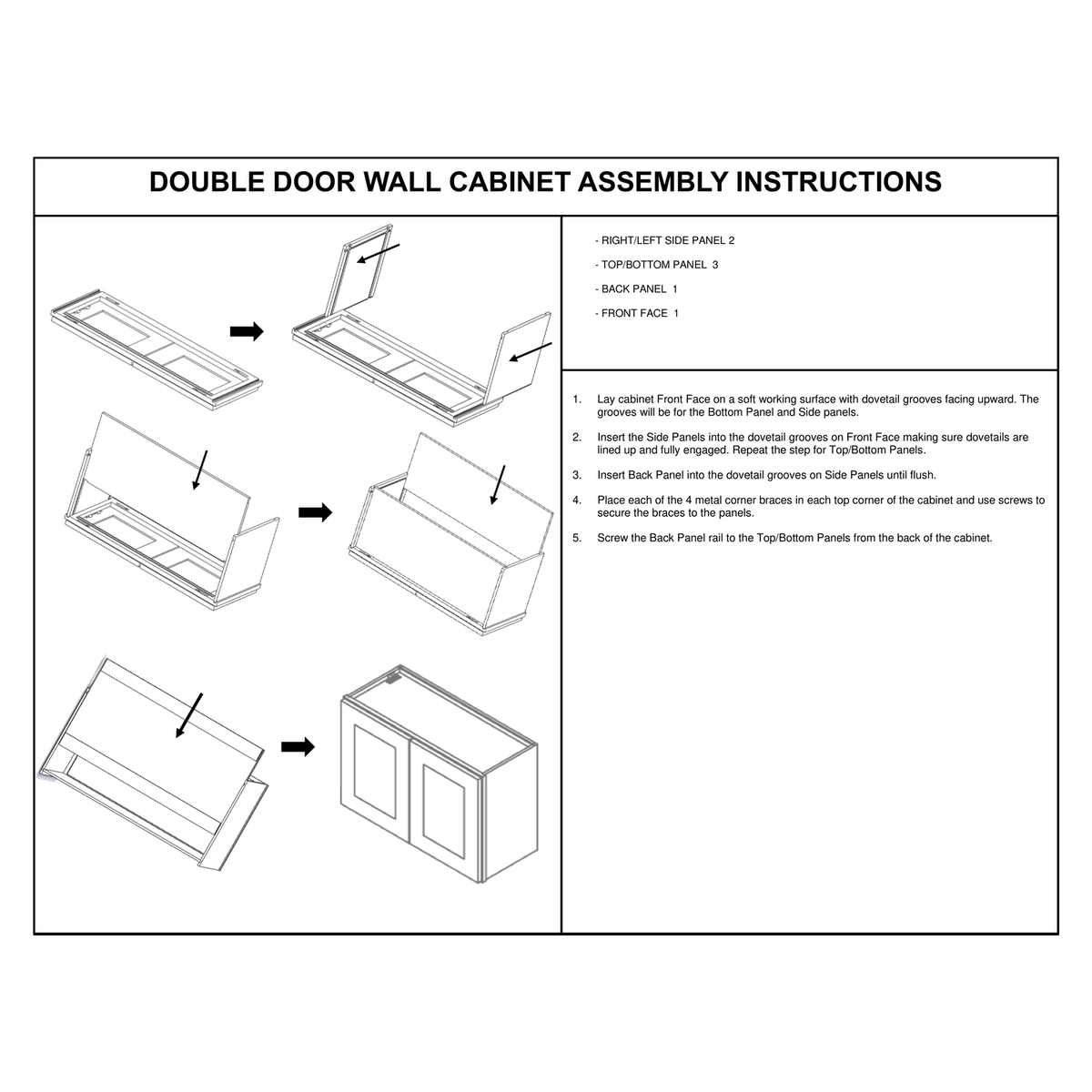 Double Door Bridge and Refrigerator Wall Cabinet assembly instructions diagram – how to assemble a Faircrest RTA bridge wall cabinet (W3012 to W3624) or refrigerator wall cabinet (WR3315 to WR3624): the front face, side panels, top and bottom panels and back panel slide together on dovetail grooves and lock square with metal corner braces in the top four corners, then the back panel rail screws to the top and bottom panels from behind.