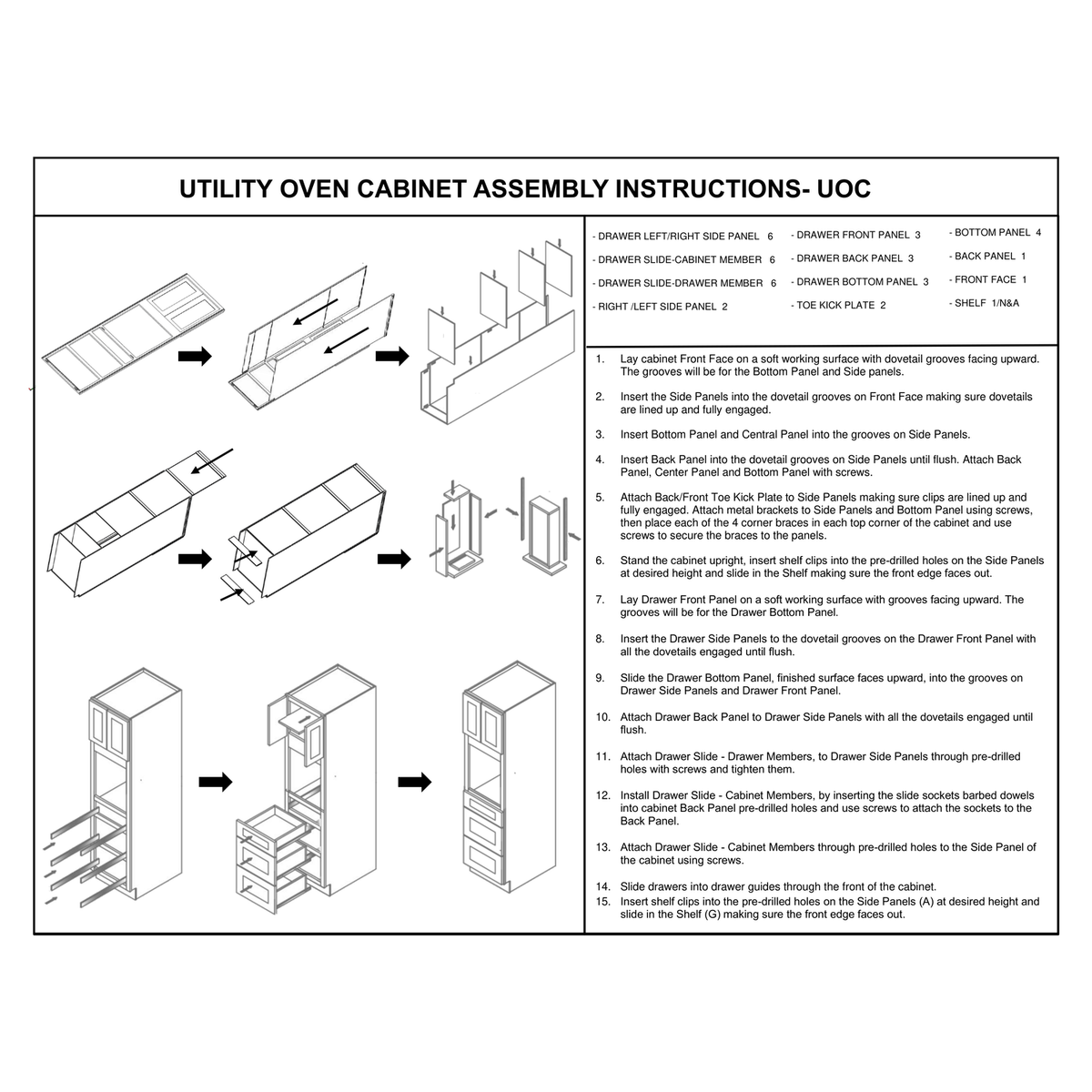 UOC Universal Oven Cabinet assembly instructions diagram – how to assemble the Faircrest double door and drawer utility oven cabinet: front face, side, bottom, center and back panels slide together on dovetail grooves and lock square with metal corner braces, then the dovetail drawers build up on soft-close slides. Can be built as a single-oven setup using all three drawers, or as a double oven by leaving out the upper two drawers and cutting the opening to fit.
