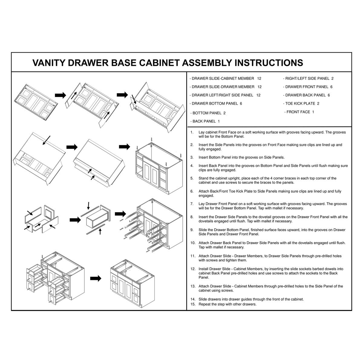 V4821DD and V6021DD Vanity Sink Base Cabinet with drawers on both sides – assembly instructions diagram: front face, side, two bottom and back panels slide together and lock square with metal corner braces, toe-kick plates clip on, then six dovetail drawers build up and slide onto soft-close guides, three on each side of the center sink doors.