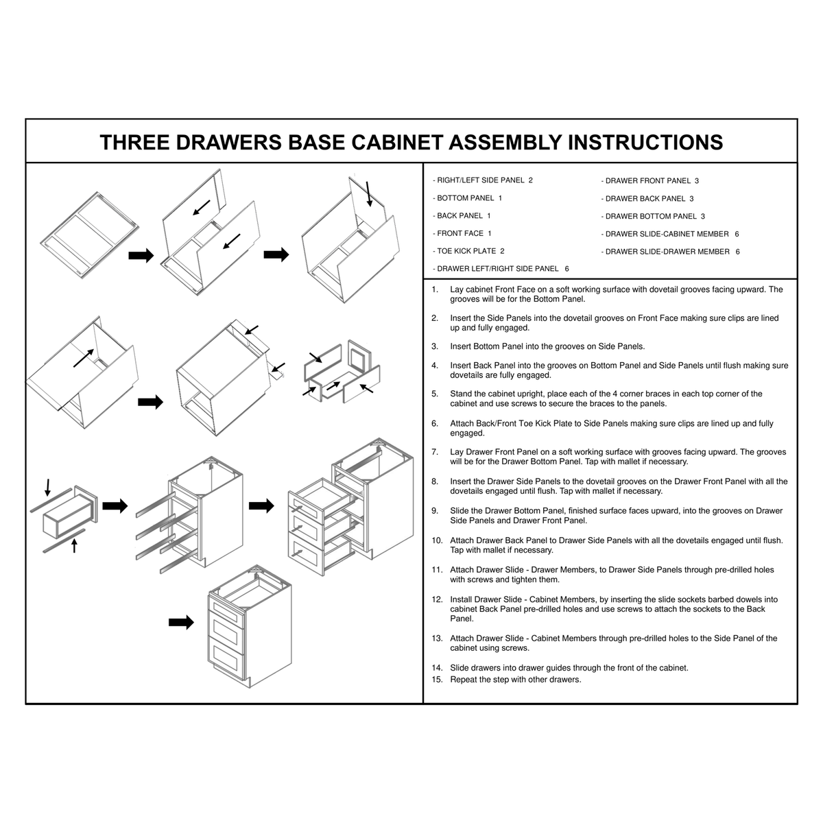 VDB1221, VDB1521, VDB1821, VDB2121 and VDB2421 Three Drawer Vanity Base Cabinet assembly instructions diagram – how to assemble the Faircrest RTA vanity drawer base: front face, side, bottom and back panels slide together and lock square with metal corner braces, toe-kick plates clip on, then three dovetail drawers build up and slide onto soft-close guides.