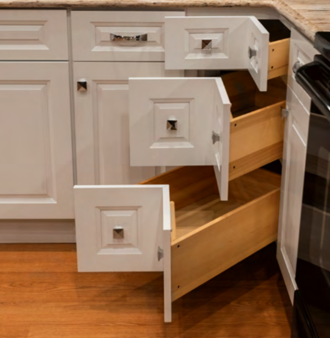 Corner Base Kitchen Cabinet with Drawers, Base Cabinets